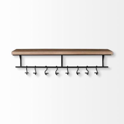 Schutt 36L Wall Mounted Wooden Shelf w/ 8 Hooks for Coats, Hats