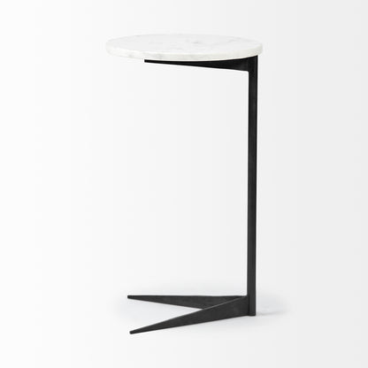 Ballatine II 15L x 15W x 27L White Marble Round Top White w/ Black Metal Base Accent Table