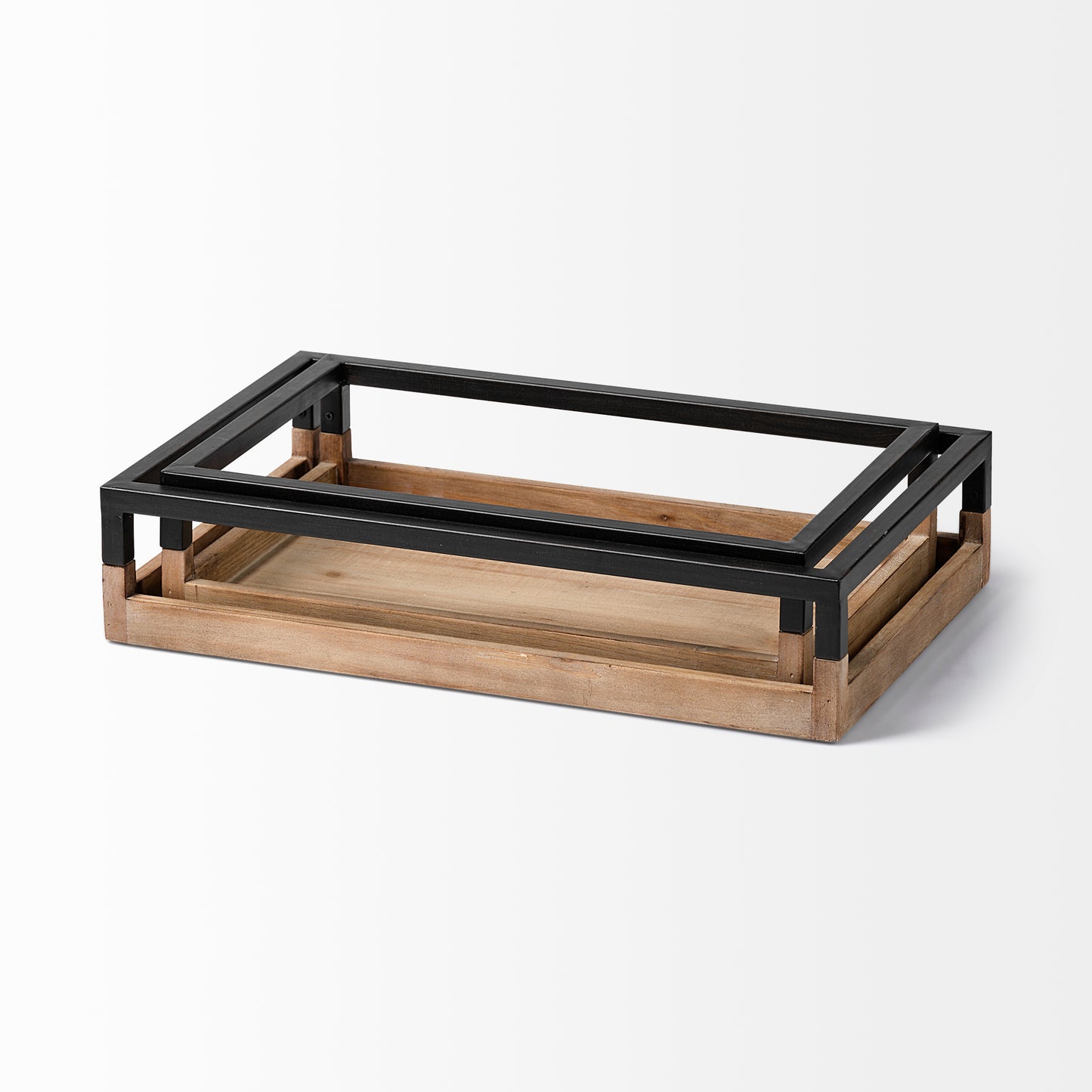Ross Set of 2 Natural Wood W/ Black Metal Nesting Trays
