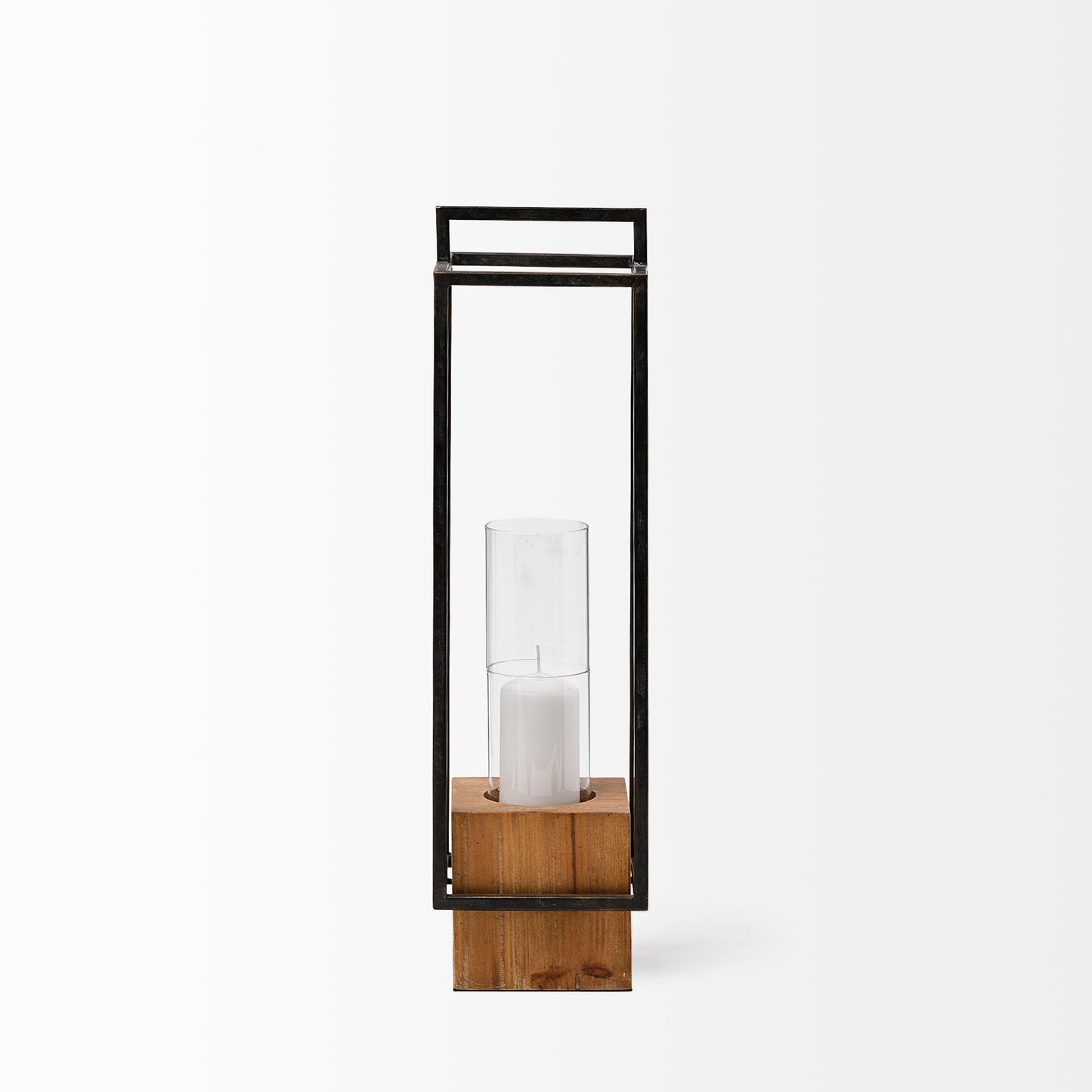 Orionis Large Wood w/ Black Metal Lantern Candle Holder