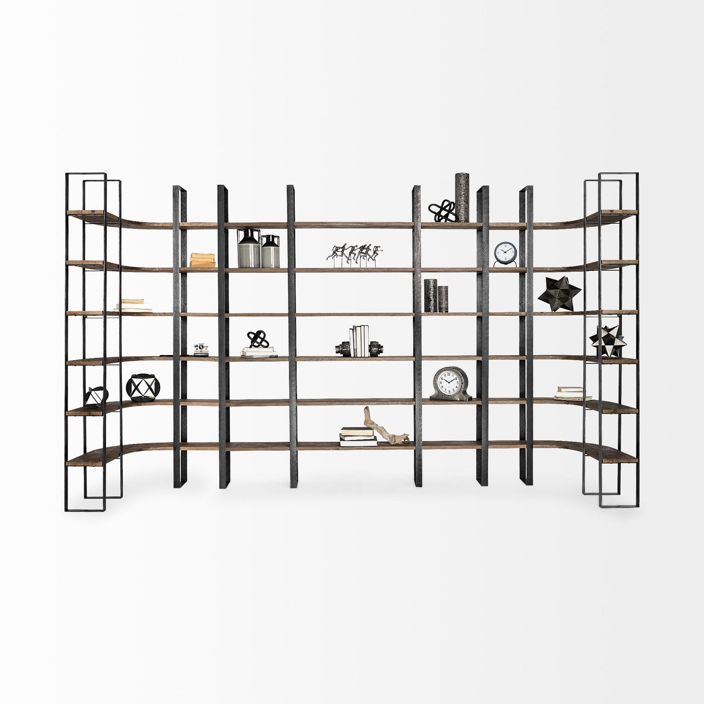 Turner II 37L x 10.5W x 90H Curved Dark Brown Wood And Black Iron Six Shelving Unit