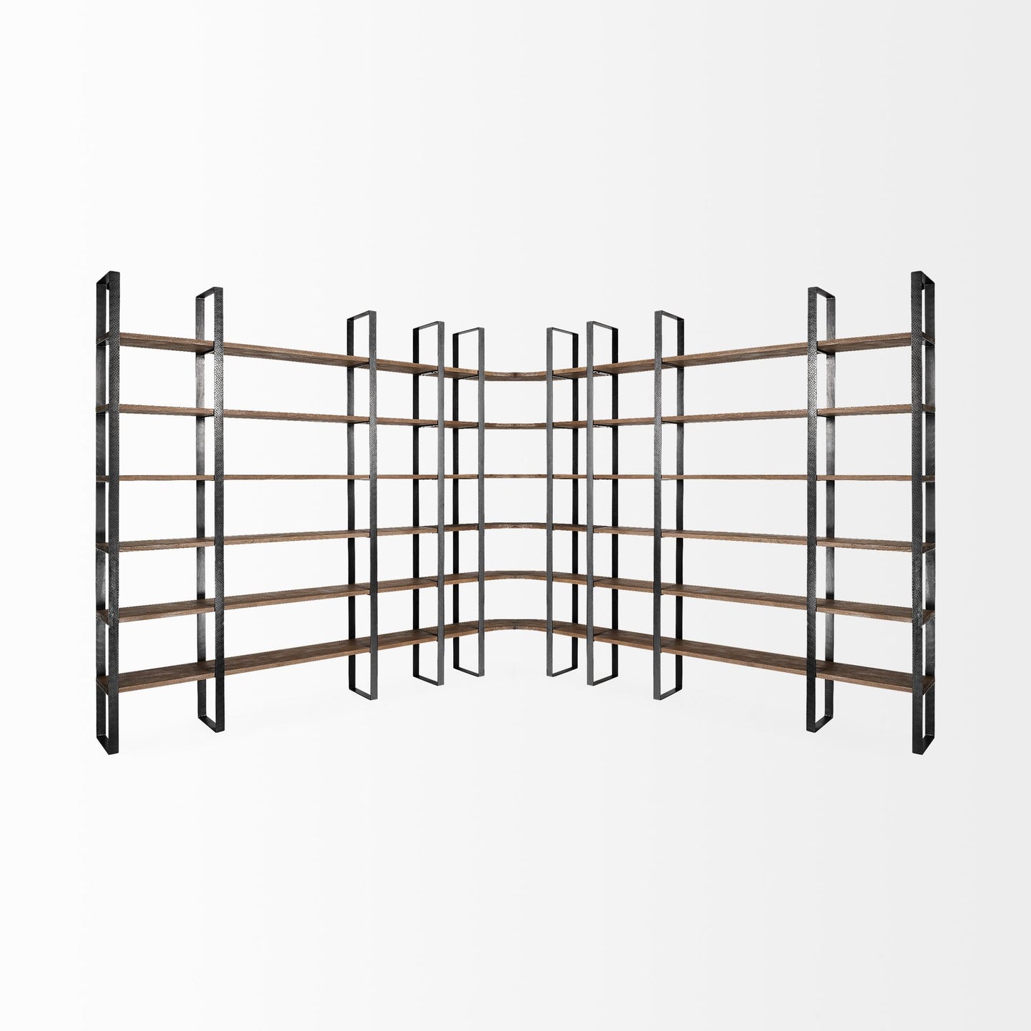 Turner II 37L x 10.5W x 90H Curved Dark Brown Wood And Black Iron Six Shelving Unit