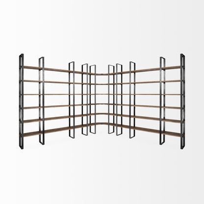 Turner II 37L x 10.5W x 90H Curved Dark Brown Wood And Black Iron Six Shelving Unit