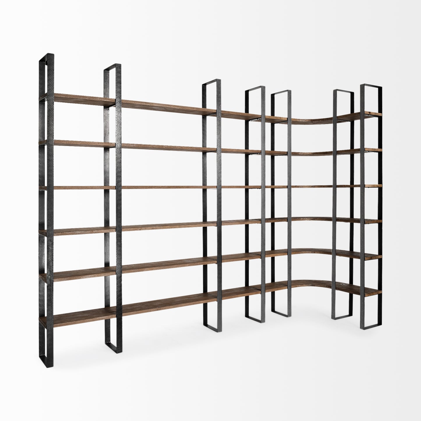 Turner II 37L x 10.5W x 90H Curved Dark Brown Wood And Black Iron Six Shelving Unit