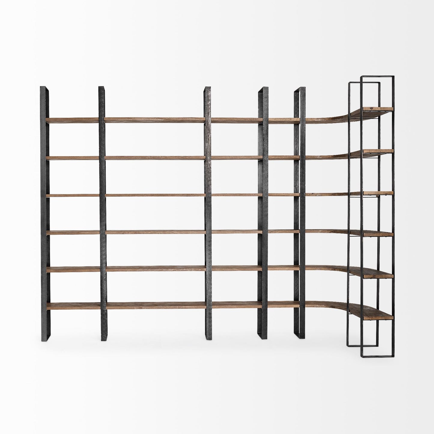 Turner II 37L x 10.5W x 90H Curved Dark Brown Wood And Black Iron Six Shelving Unit