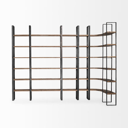 Turner II 37L x 10.5W x 90H Curved Dark Brown Wood And Black Iron Six Shelving Unit