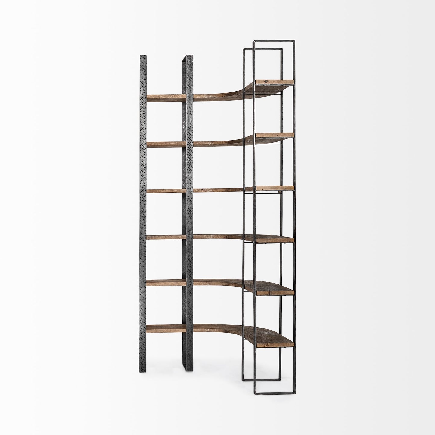 Turner II 37L x 10.5W x 90H Curved Dark Brown Wood And Black Iron Six Shelving Unit