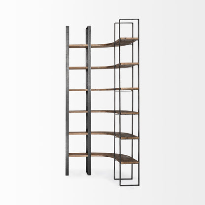 Turner II 37L x 10.5W x 90H Curved Dark Brown Wood And Black Iron Six Shelving Unit