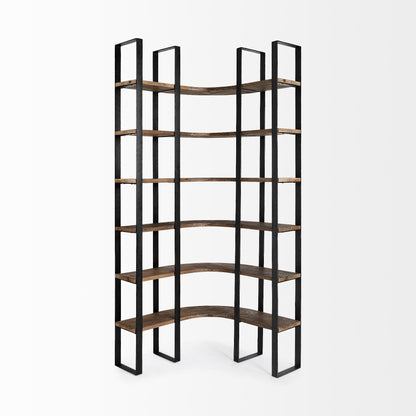 Turner II 37L x 10.5W x 90H Curved Dark Brown Wood And Black Iron Six Shelving Unit