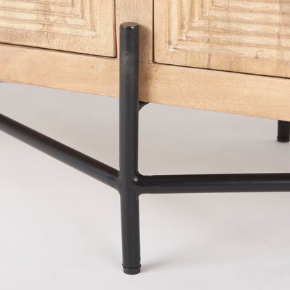 Cairo 78x19 Brown Solid Wood Black Metal Base 4 Door Cabinet Sideboard