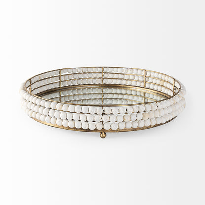 Decatur I 21L x 21W White Wooden Bead Mirrored Bottom Round Tray