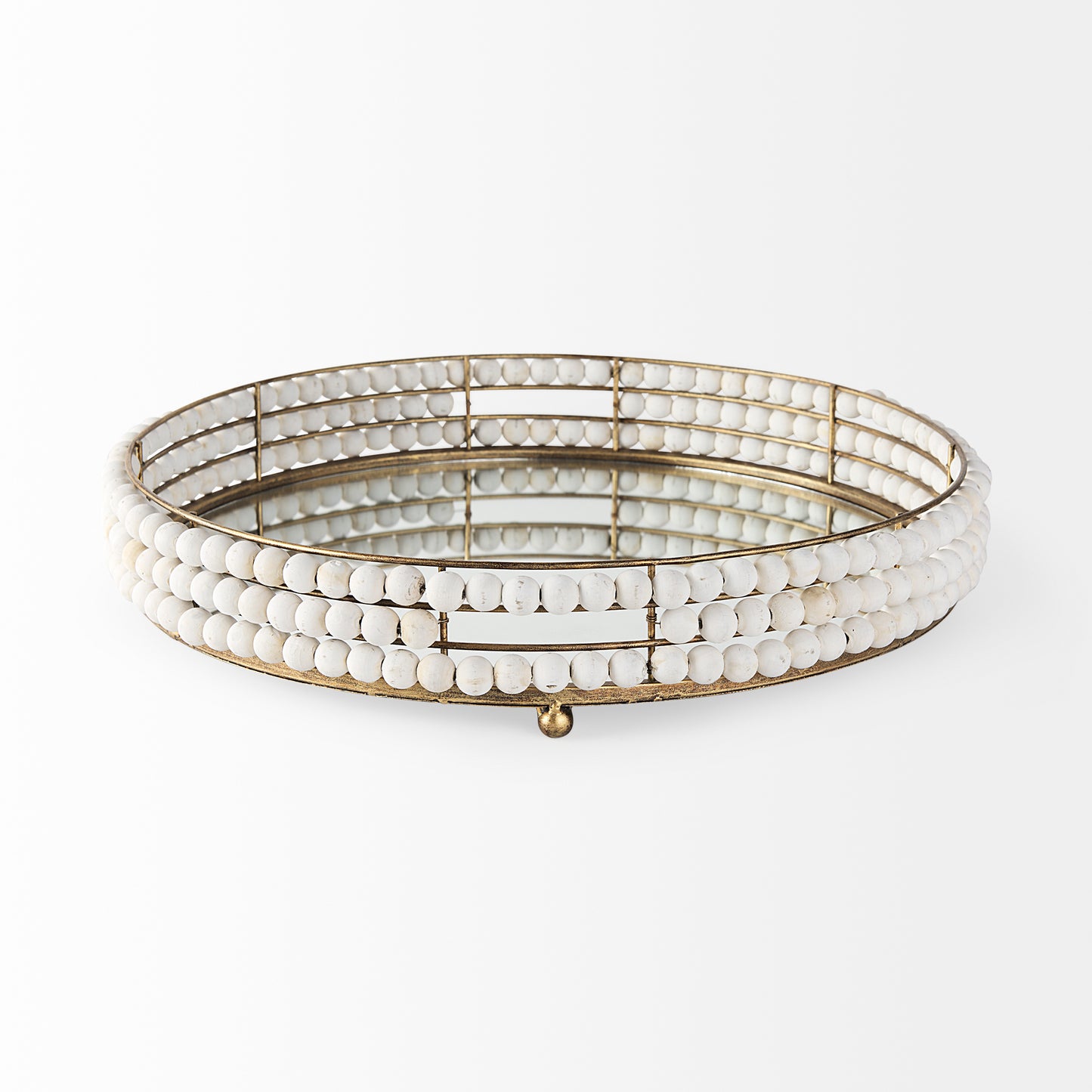 Decatur I 21L x 21W White Wooden Bead Mirrored Bottom Round Tray