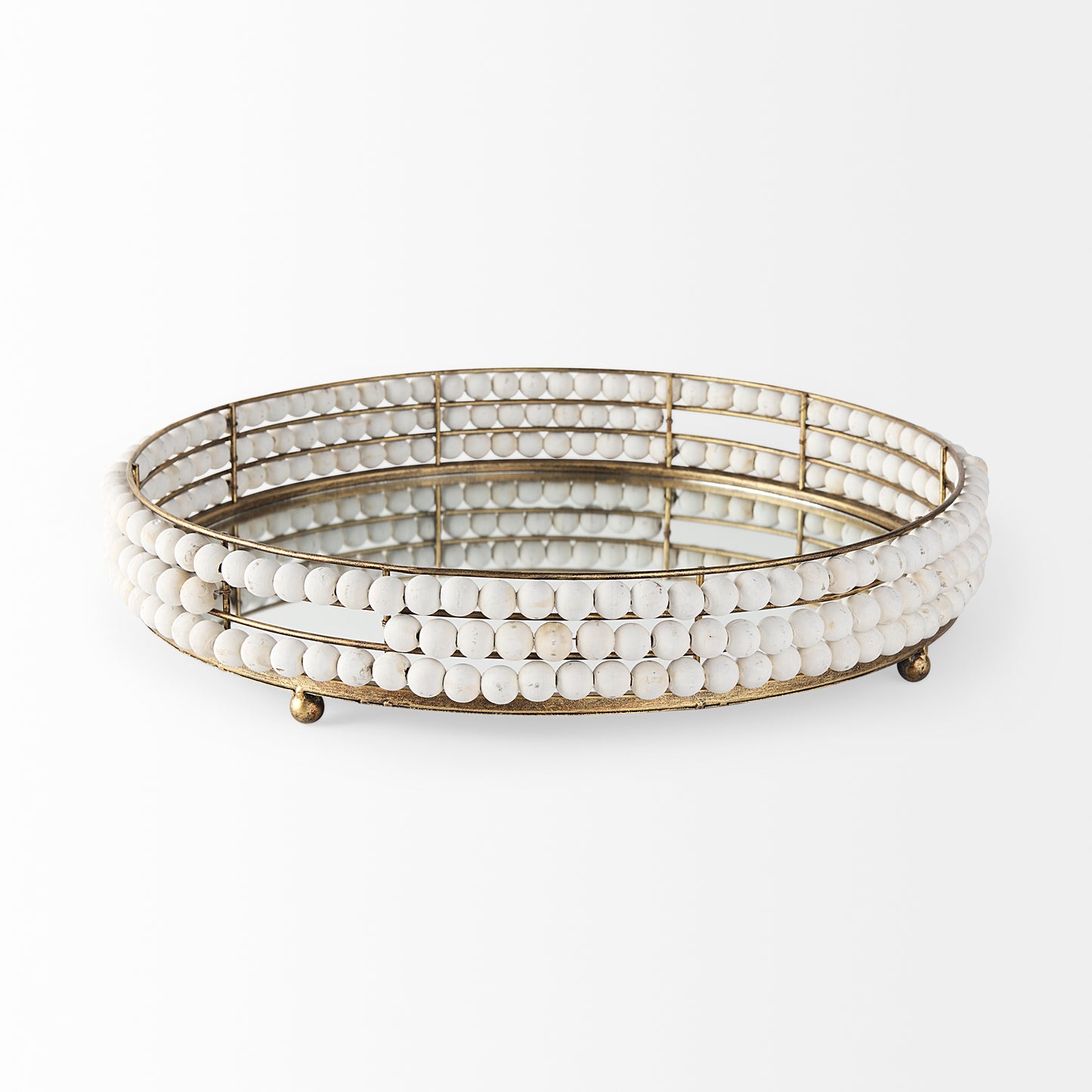 Decatur I 21L x 21W White Wooden Bead Mirrored Bottom Round Tray