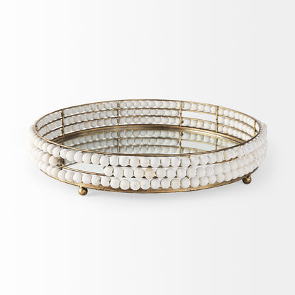 Decatur I 21L x 21W White Wooden Bead Mirrored Bottom Round Tray