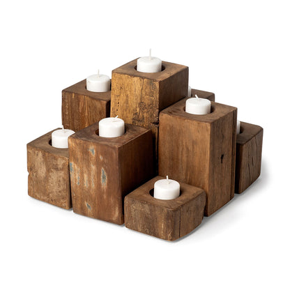 Cassius Light Brown Nine Wood Block Table Candle Holder