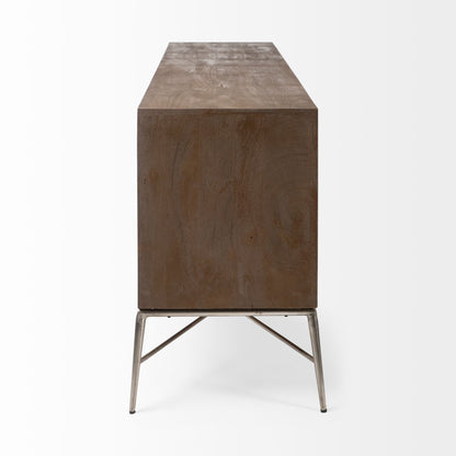 Swordfish 72L x 19W x 30.25H Two-Tone Brown Wood Cabinet Silver Metal Base 4 Cabinet Door Sideboard