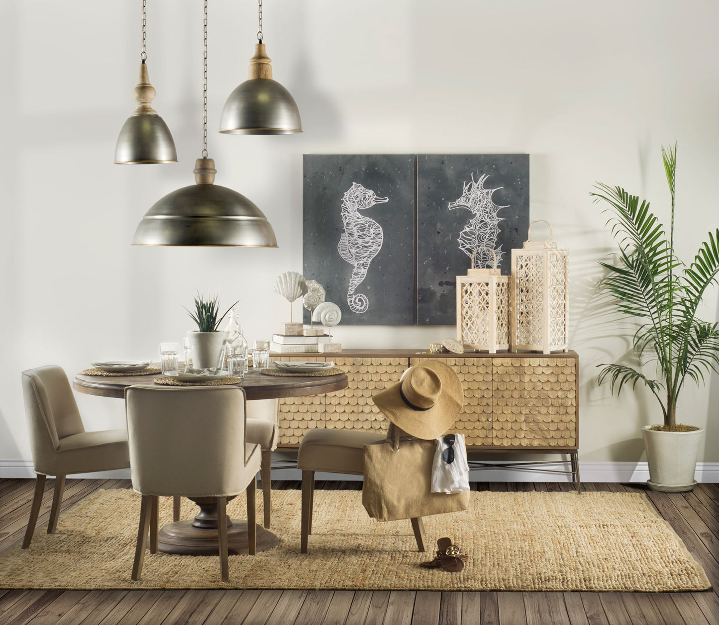 Swordfish 72L x 19W x 30.25H Two-Tone Brown Wood Cabinet Silver Metal Base 4 Cabinet Door Sideboard