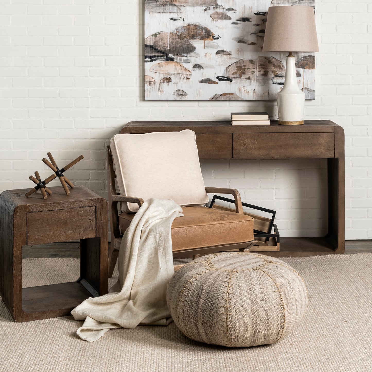 Harman II Cream Fabric and Brown Leather Seat Accent Chair