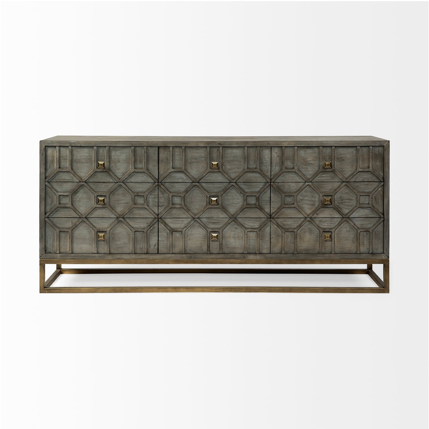 Genevieve II 70x15.8 Gray Fir Veneer W/Gold Metal Frame Base 9 Drawer Sideboard