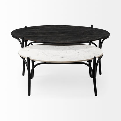 Etienne 36" Round White Marble Top Black Metal Base Coffee Table