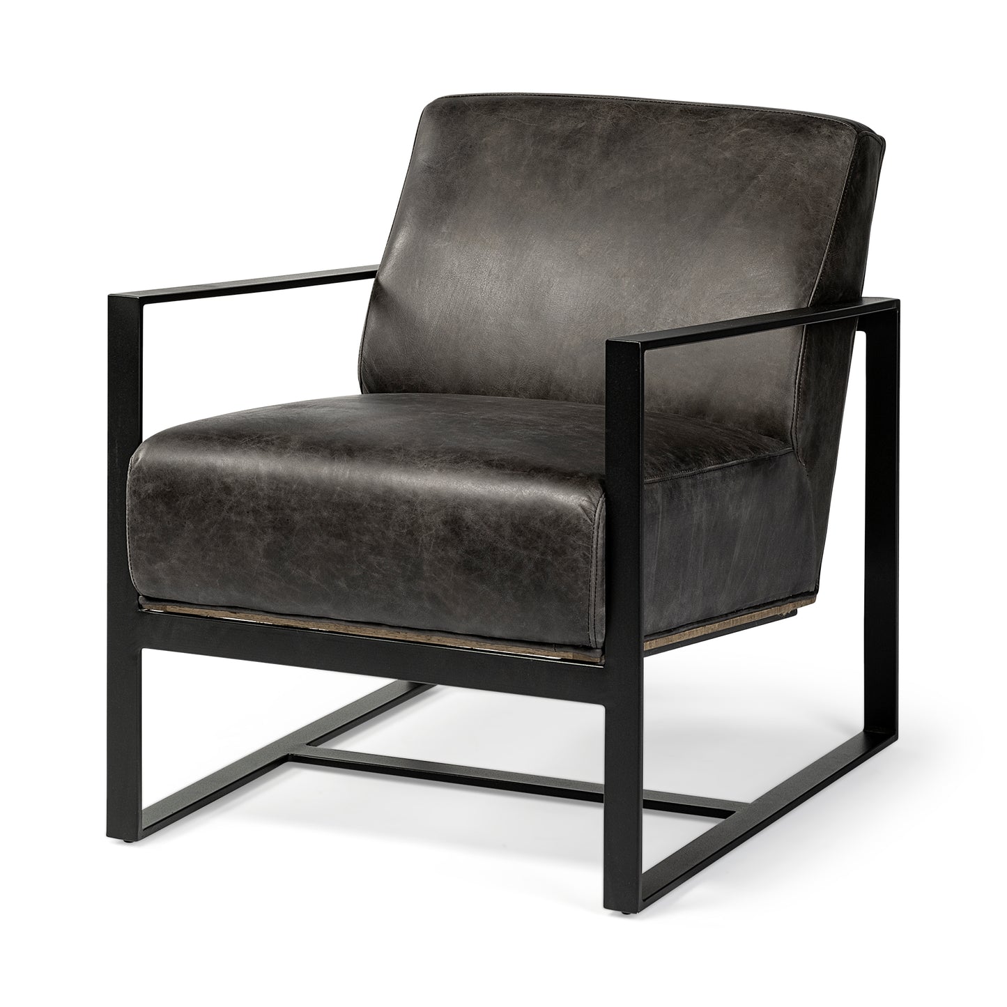 Stamford Black Genuine Leather Seat w/ Wood Back, Metal Frame Accent Chair