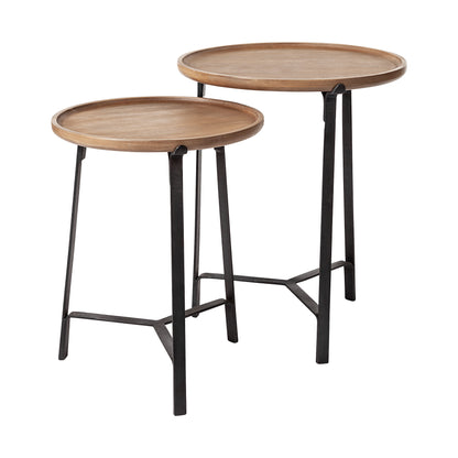 Helios III 20L x 24H Set of Two Round Brown Solid Wood Iron Base Nesting End/Side Tables