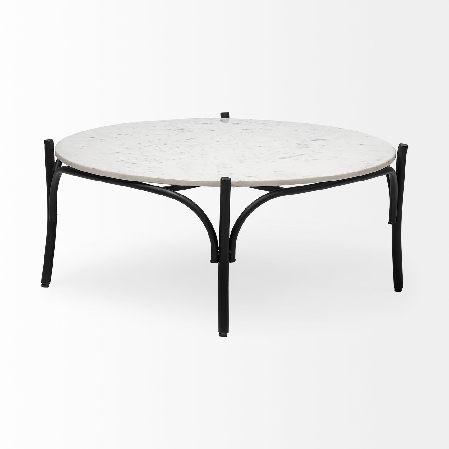 Etienne 36" Round White Marble Top Black Metal Base Coffee Table