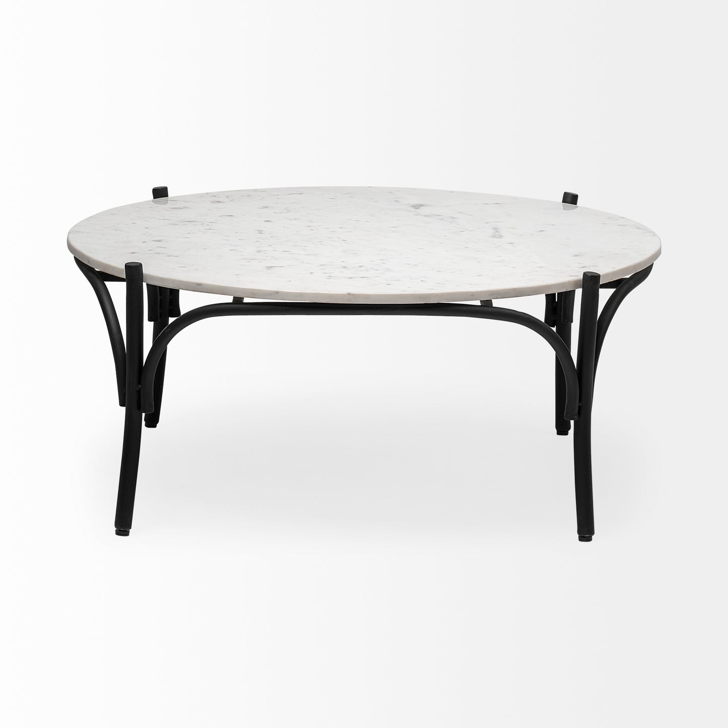 Etienne 36" Round White Marble Top Black Metal Base Coffee Table