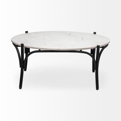 Etienne 36" Round White Marble Top Black Metal Base Coffee Table