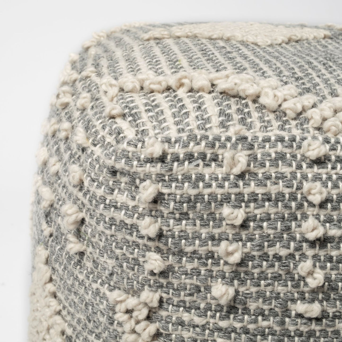 Brinket Gray/Cream Polyester Handwoven Square Pouf