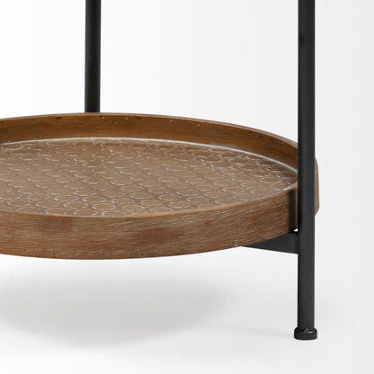 Kade III 16.9" Round Top Natural Brown Wood and Gray Metal Frame Tray-Style End/Side Table
