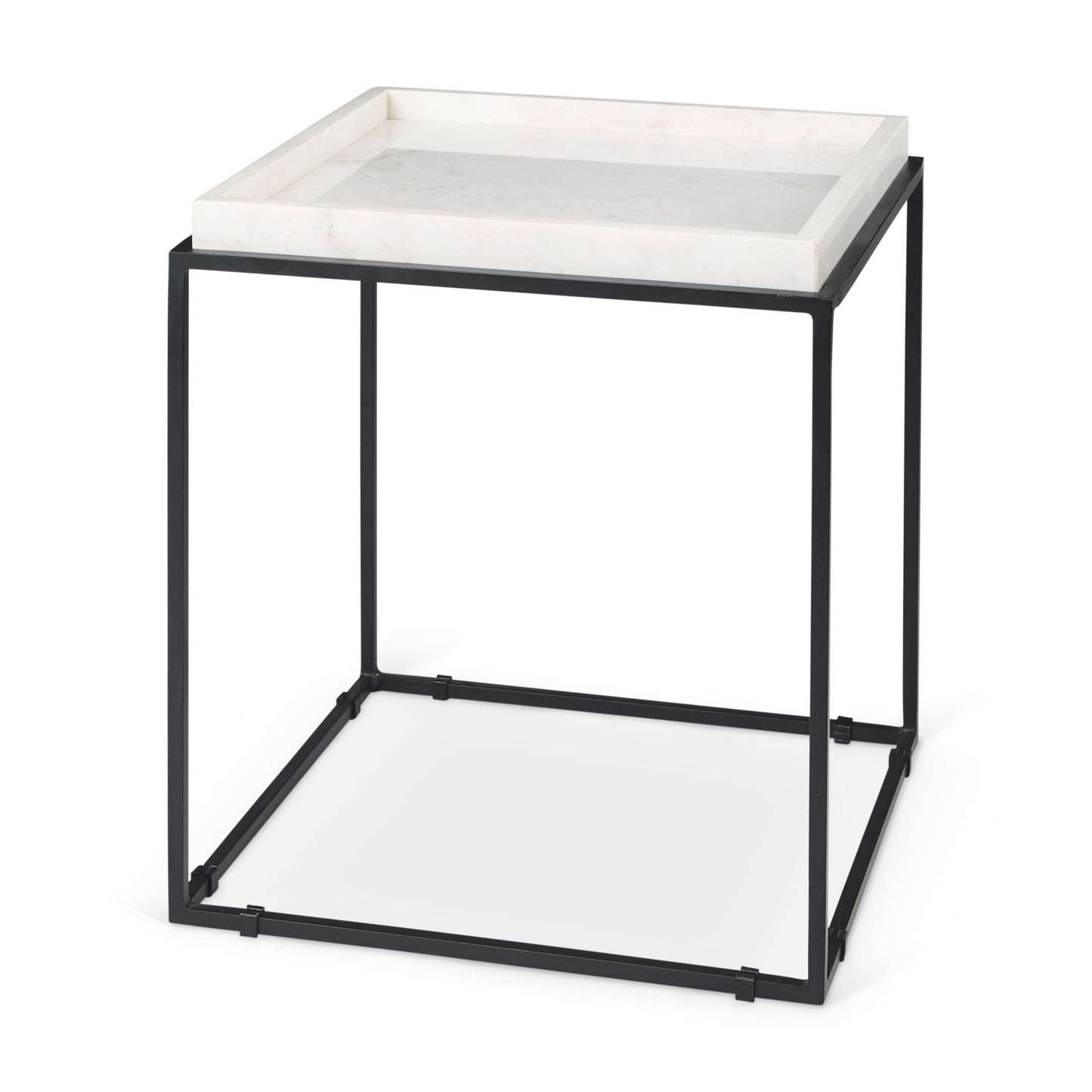 Nathan II 18" x 20" Square Top White Marble and Black Metal End/Side Table