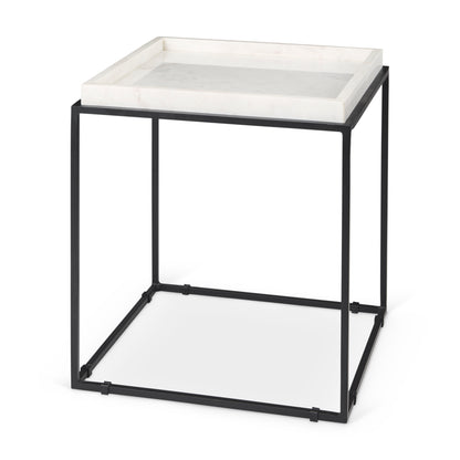 Nathan II 18" x 20" Square Top White Marble and Black Metal End/Side Table