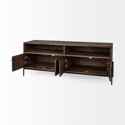 Glenn IV Dark Brown Wood w/ Black Iron Frame Media Console w/ Storage, TV Stand for TV up to 71"