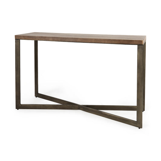Faye 50L x 15W x 30H Medium Brown Wood W/Antique Nickel Metal Base Console Table