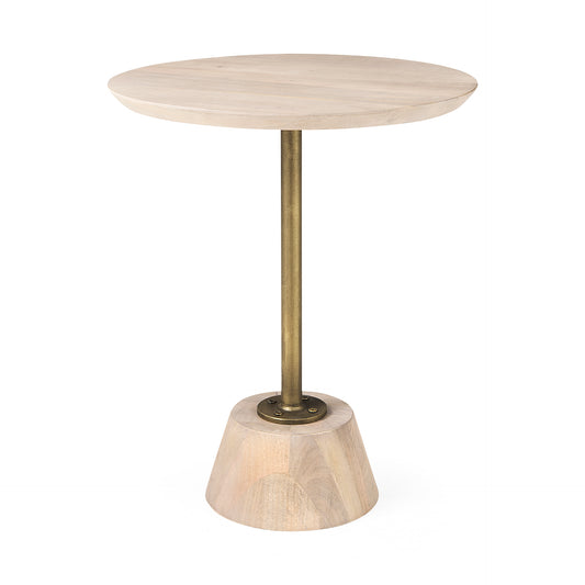 Maxwell 20" Round Light Brown Wood w/ Gold Metal Pedestal Side Table