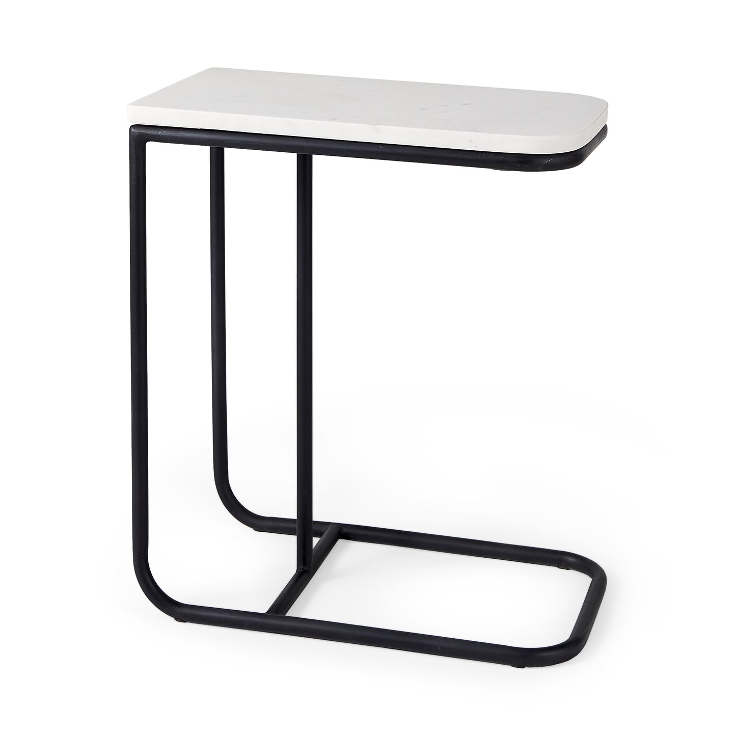 Kyra 12.0L x 20.0W x 23.0H White Marble Top W/Black Iron Frame C-Shaped End and Side Table