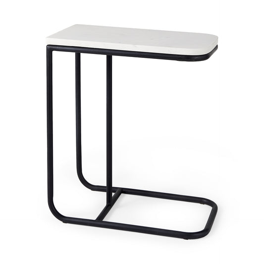 Kyra 12.0L x 20.0W x 23.0H White Marble Top W/Black Iron Frame C-Shaped End and Side Table