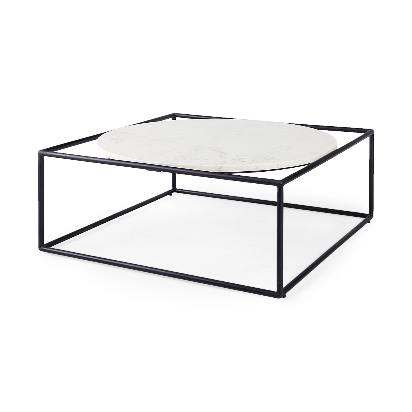 Austen 36L x 36W x 14.5H Round White Marble Top W/ Black Metal Frame Coffee Table