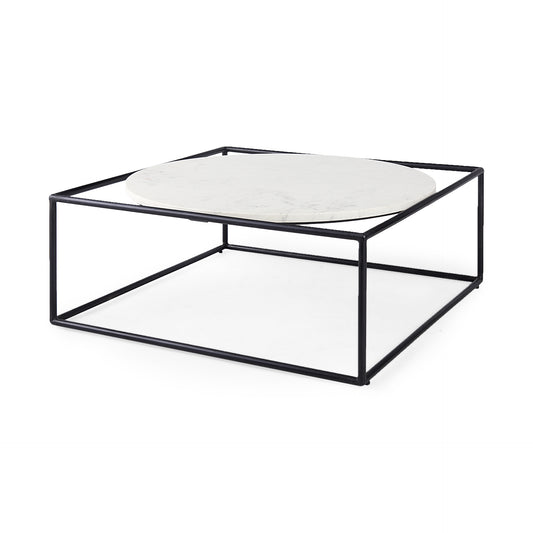 Austen 36L x 36W x 14.5H Round White Marble Top W/ Black Metal Frame Coffee Table