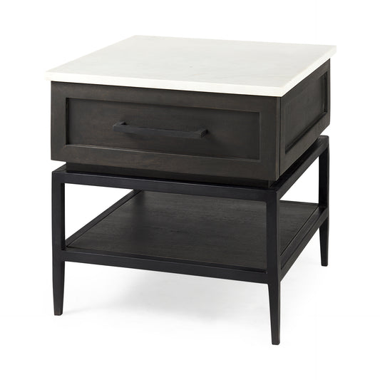 Divina Black-Brown Wood w/ White Marble Top and Black Metal Base 1 Drawer Side Table