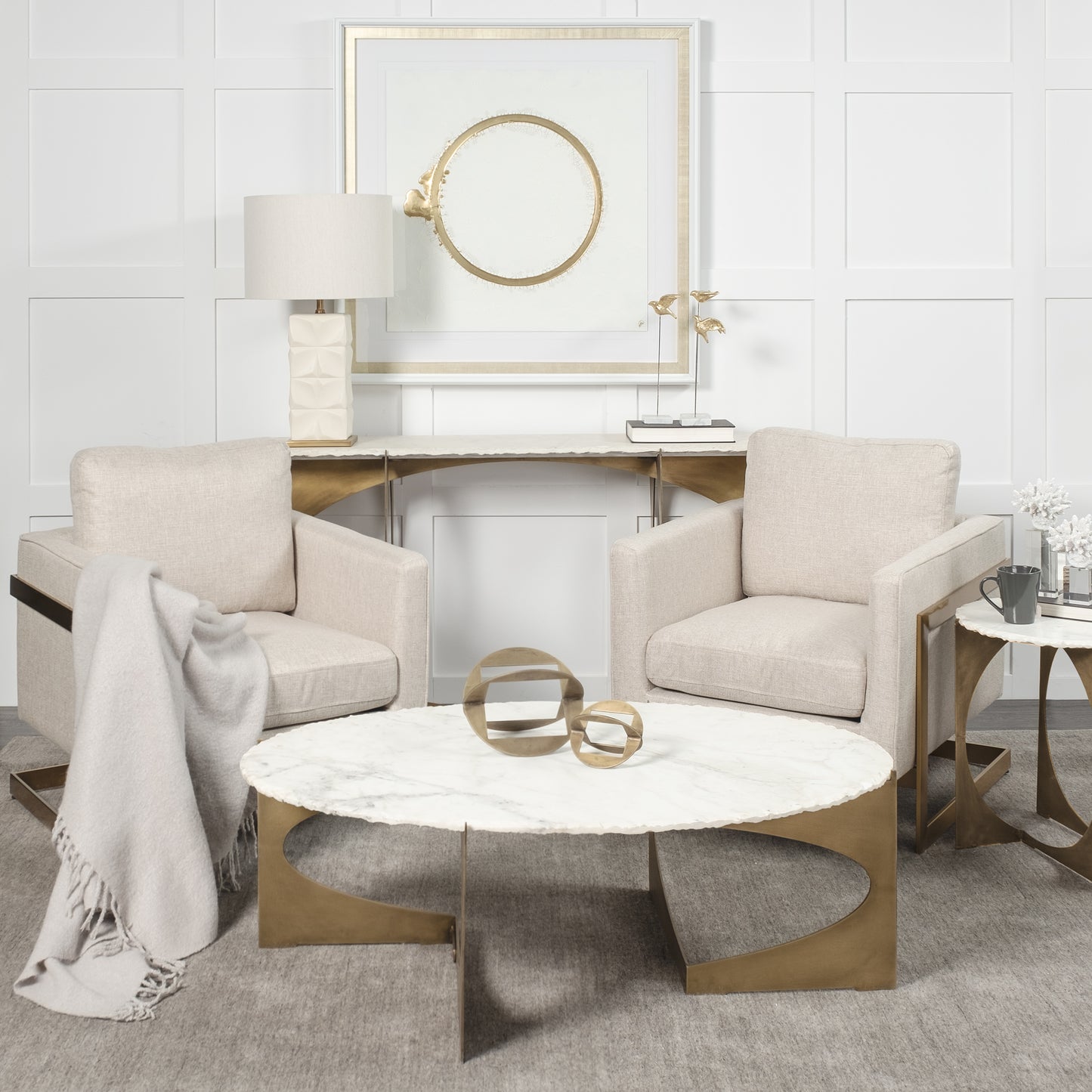 Reinhold IV 59L x 16W White Marble Top Gold Metal Base Console Table