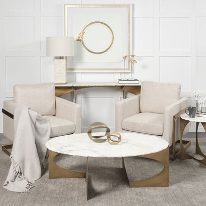 Reinhold IV 59L x 16W White Marble Top Gold Metal Base Console Table