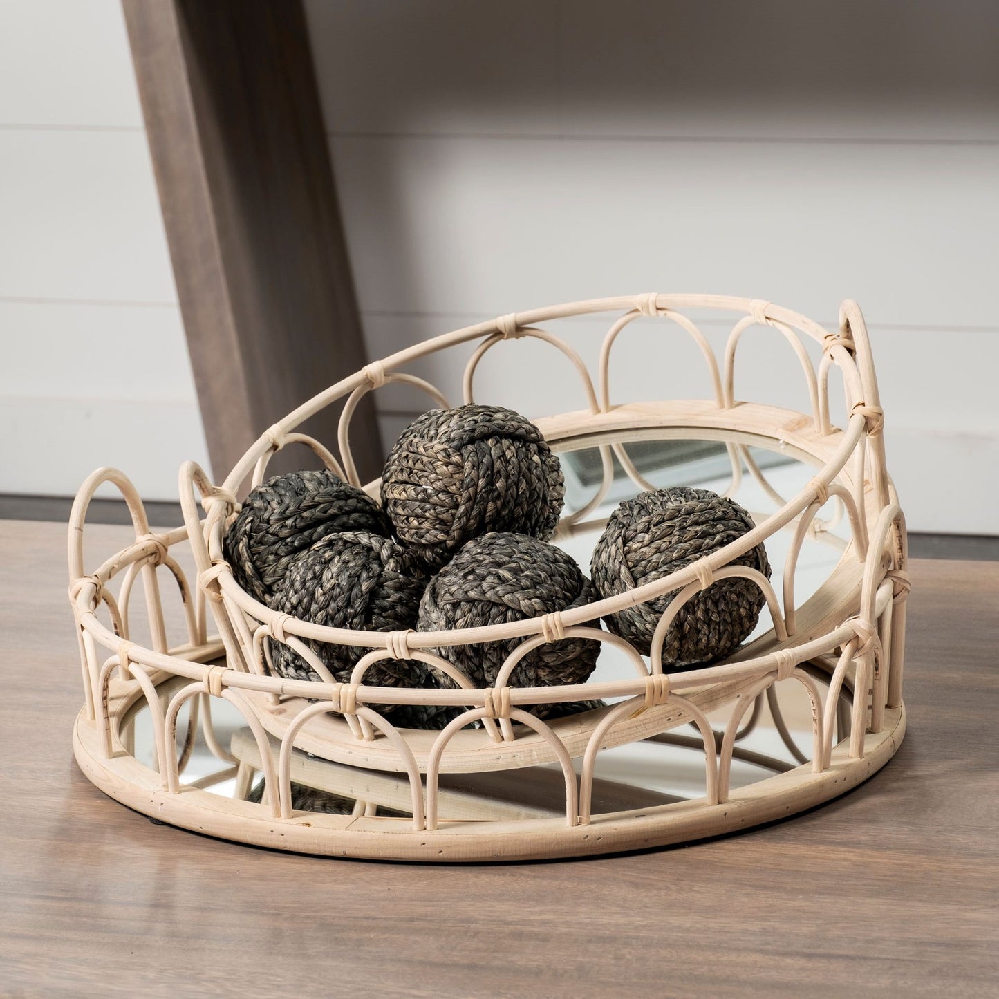 Leona (Set of 2) Natural Wicker Woven Mirrored Base Nesting Trays