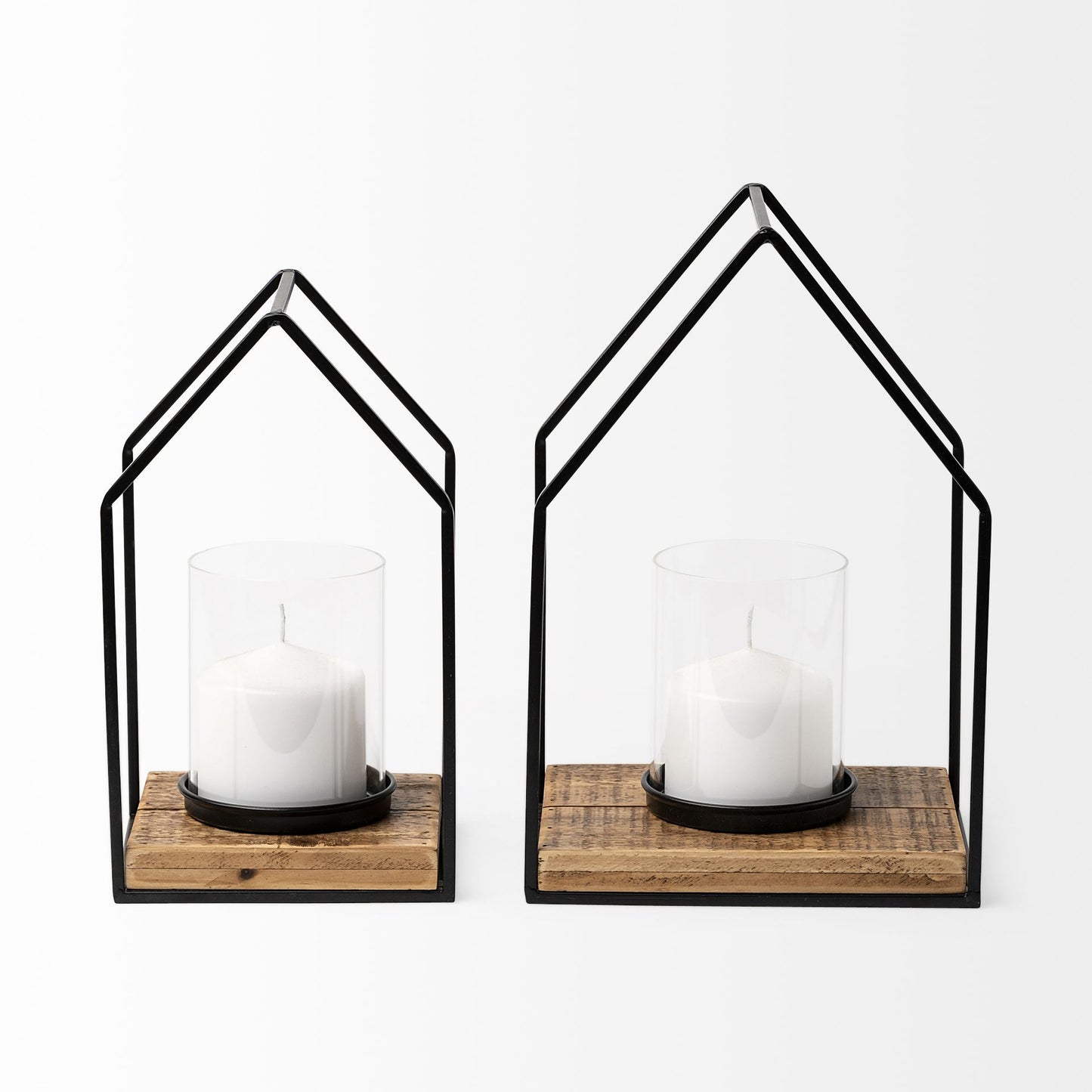 Leopold Set of Two Black Metal Wooden Base Table Candle Holders