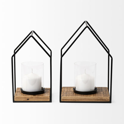 Leopold Set of Two Black Metal Wooden Base Table Candle Holders