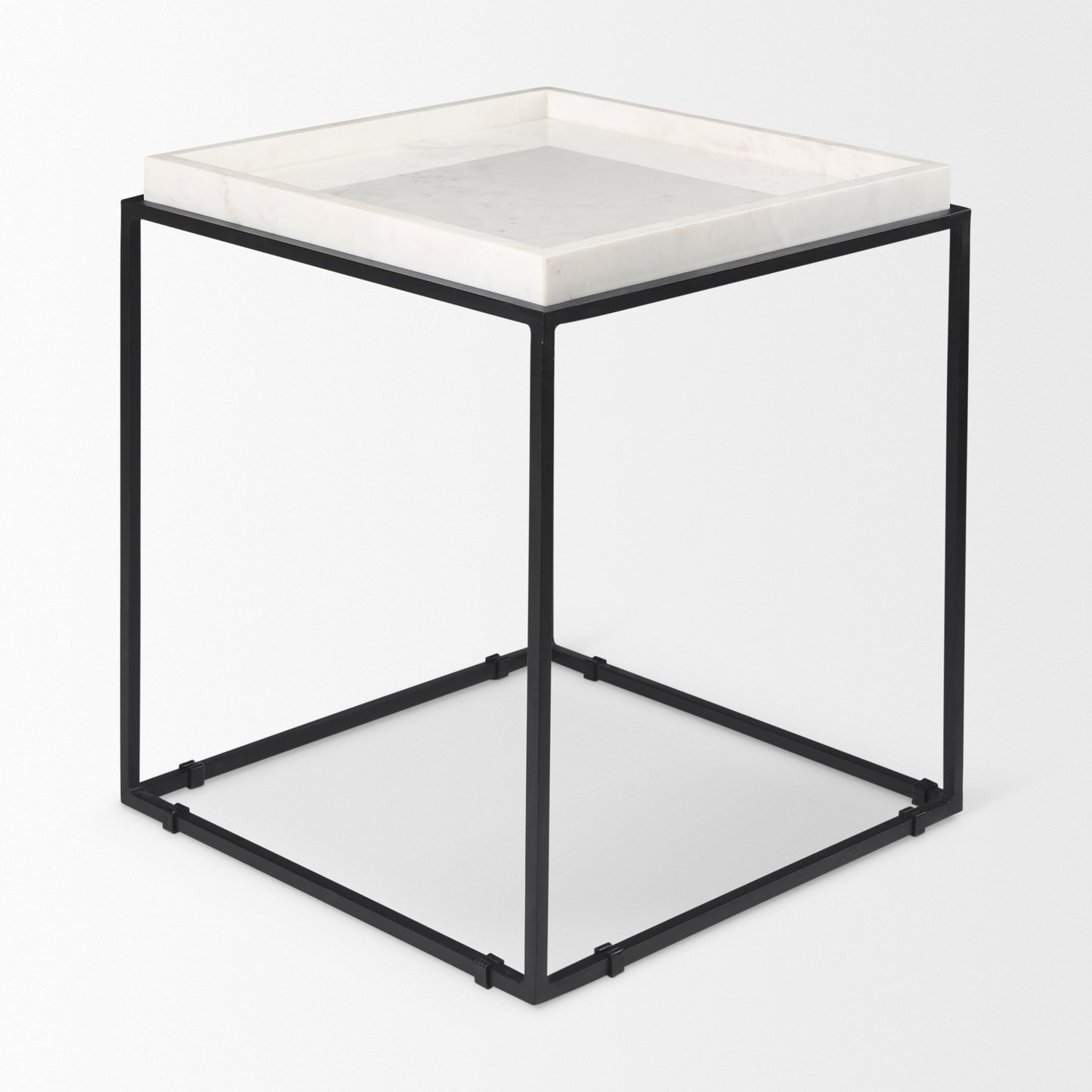 Nathan II 18" x 20" Square Top White Marble and Black Metal End/Side Table
