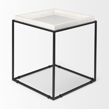 Nathan II 18" x 20" Square Top White Marble and Black Metal End/Side Table