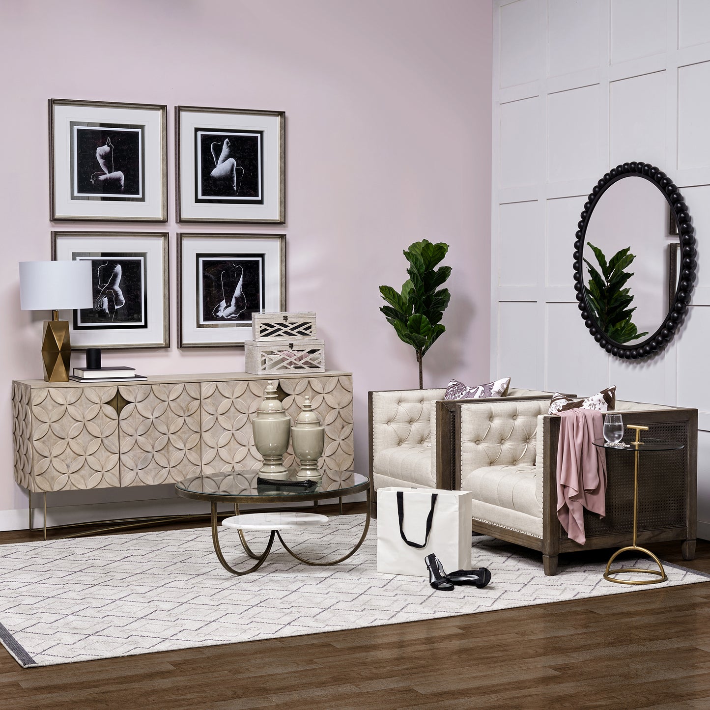 Reinhardt 36" Round Glass Top Marble Shelf Gold Metal Base Coffee Table