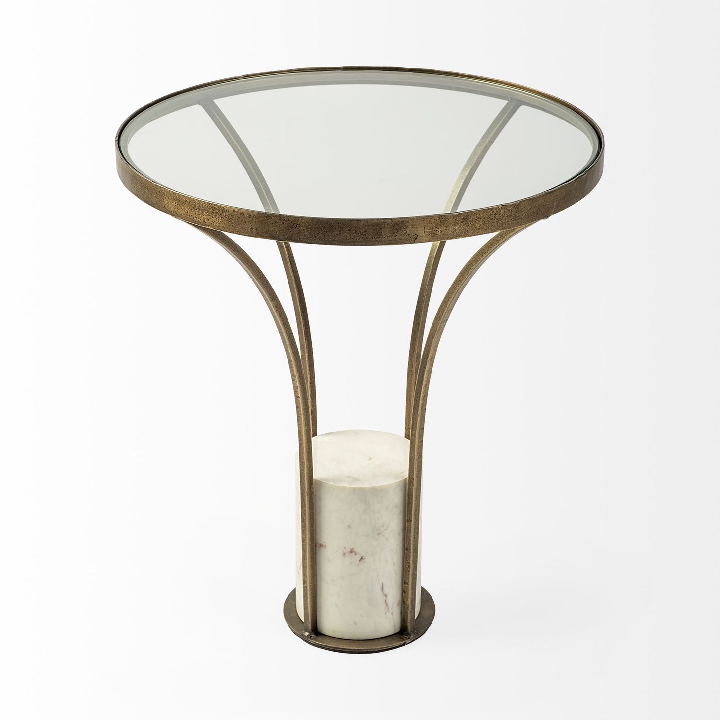 Jacinta II 21" Round Glass Top Metal and Marble Pedestal End/Side Table